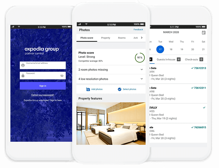 Screenshots der Expedia Group Partner Central-App auf Smartphone-Bildschirmen